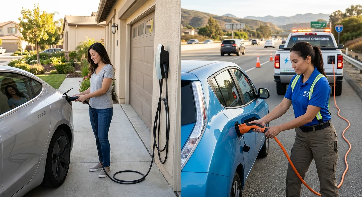 Split view of an EV plugged in beside a house and another EV stopped on a roadside shoulder