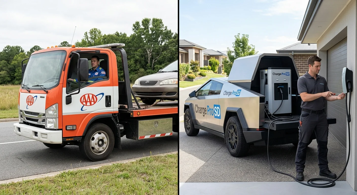 Split view of a tow truck on the left and a compact rescue van on the right, both parked beside a stopped car