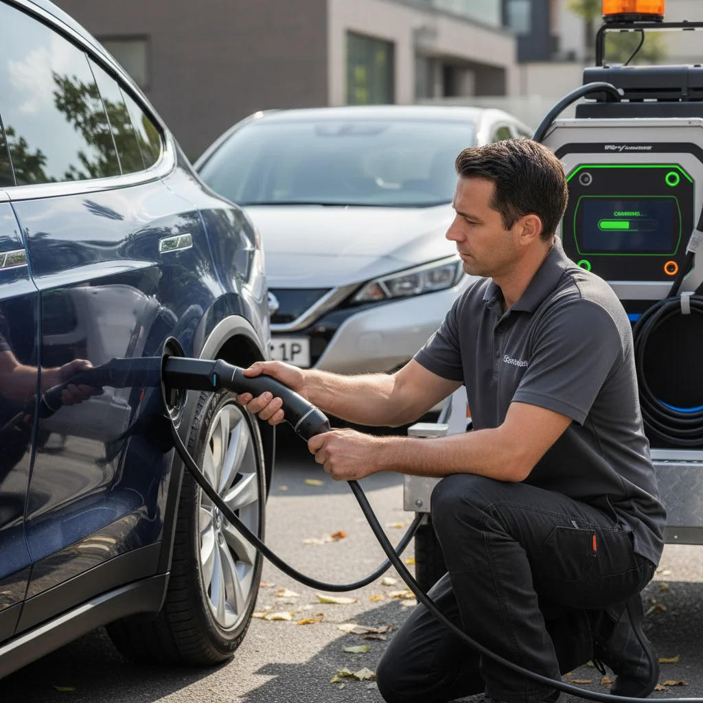 A service van parked beside a passenger EV with a charging cable at the bumper