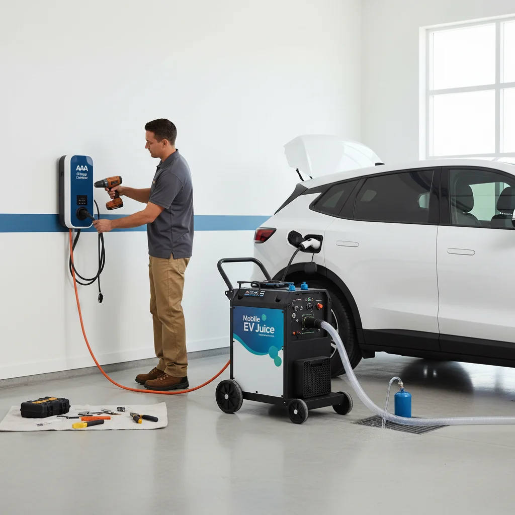 A flatbed loading an EV next to a mobile charging van plugged into another EV at the roadside