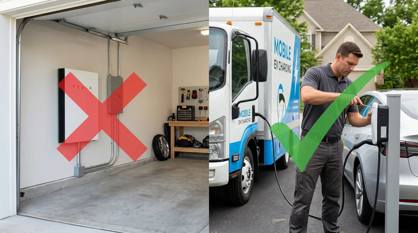 Split scene of a wall-mounted home battery marked with an X beside a mobile charging truck plugged into an EV