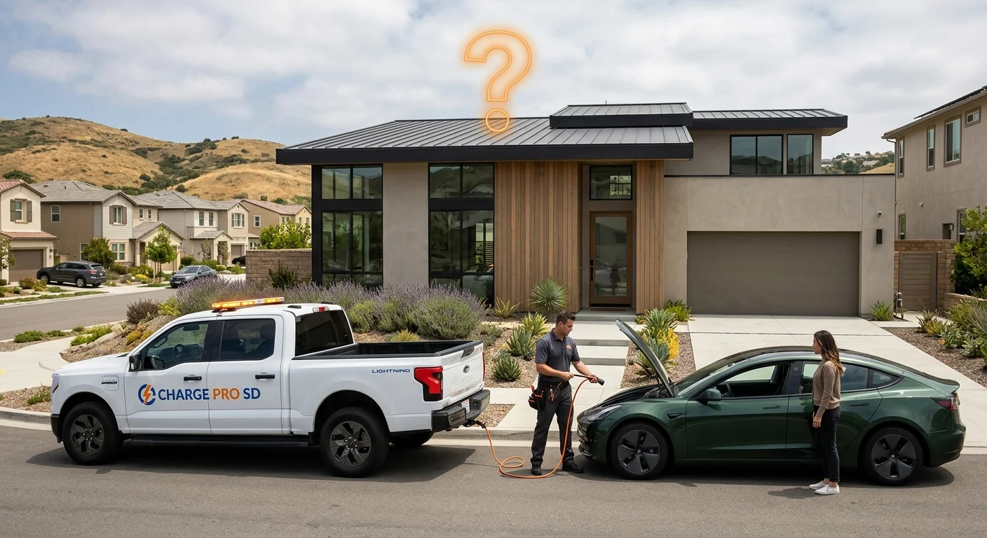 A modern house with a question mark over the roof, next to a truck charging a stalled electric car on the roadside