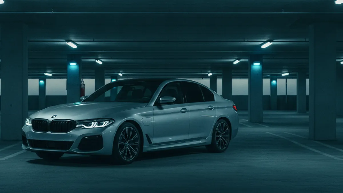 Dark dashboard of a parked luxury EV sedan that will not power on.