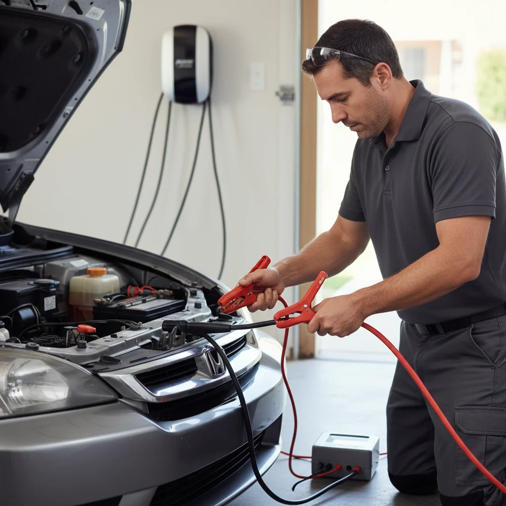 Jumper cable clamps on a 12-volt battery terminal in an open engine bay