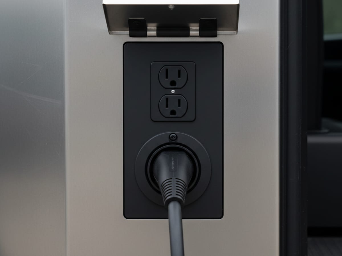 Close-up of a 240-volt outlet on a truck bed wall with a charging cable plugged in