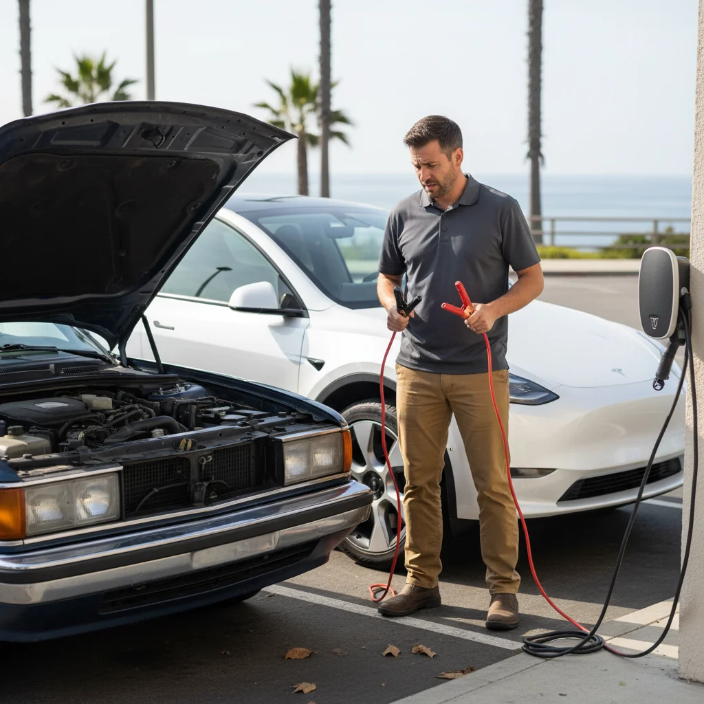 Tesla driver with jumper cables looking puzzled at a gas car with its hood open in a parking lot.
