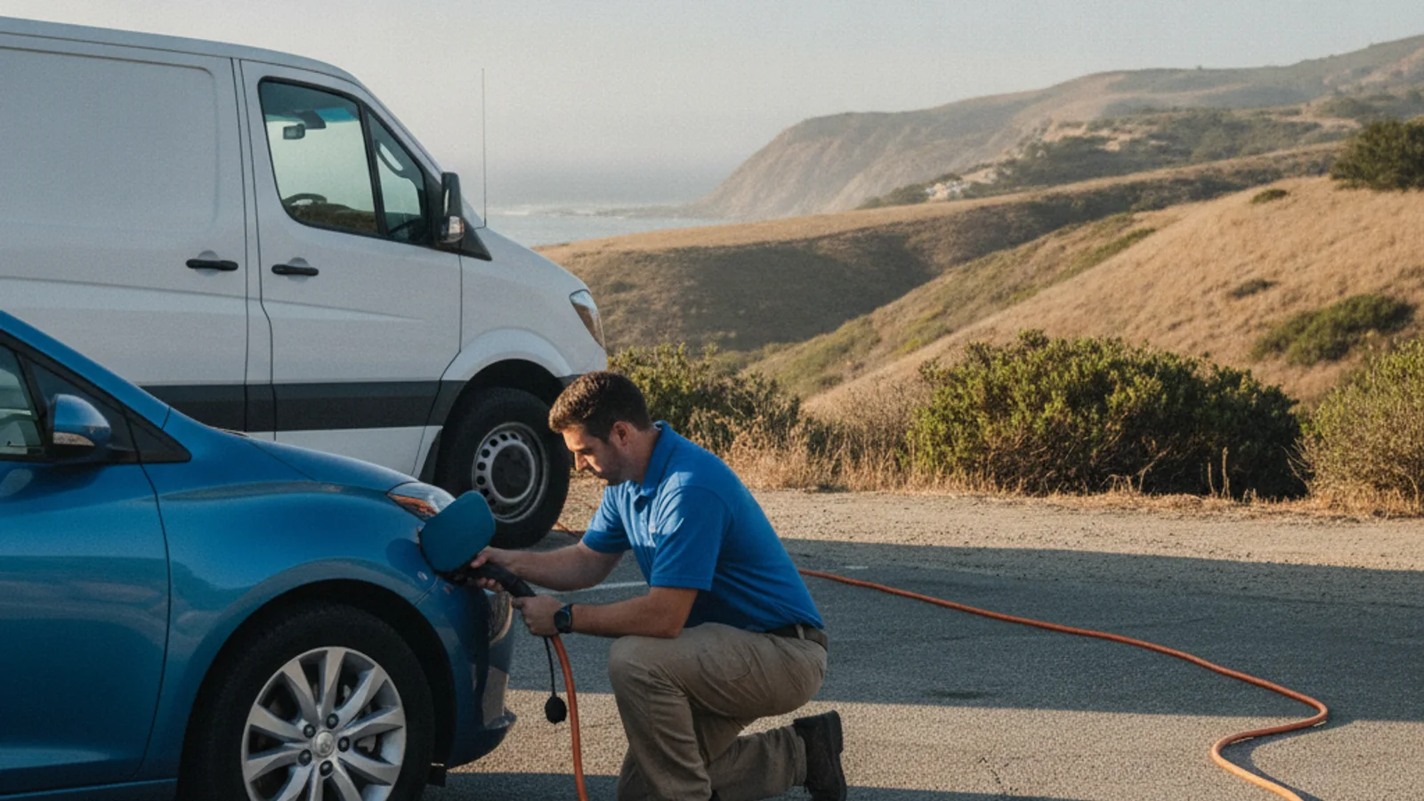 A driver checking charging-map icons on a phone beside a parked EV on a roadside shoulder