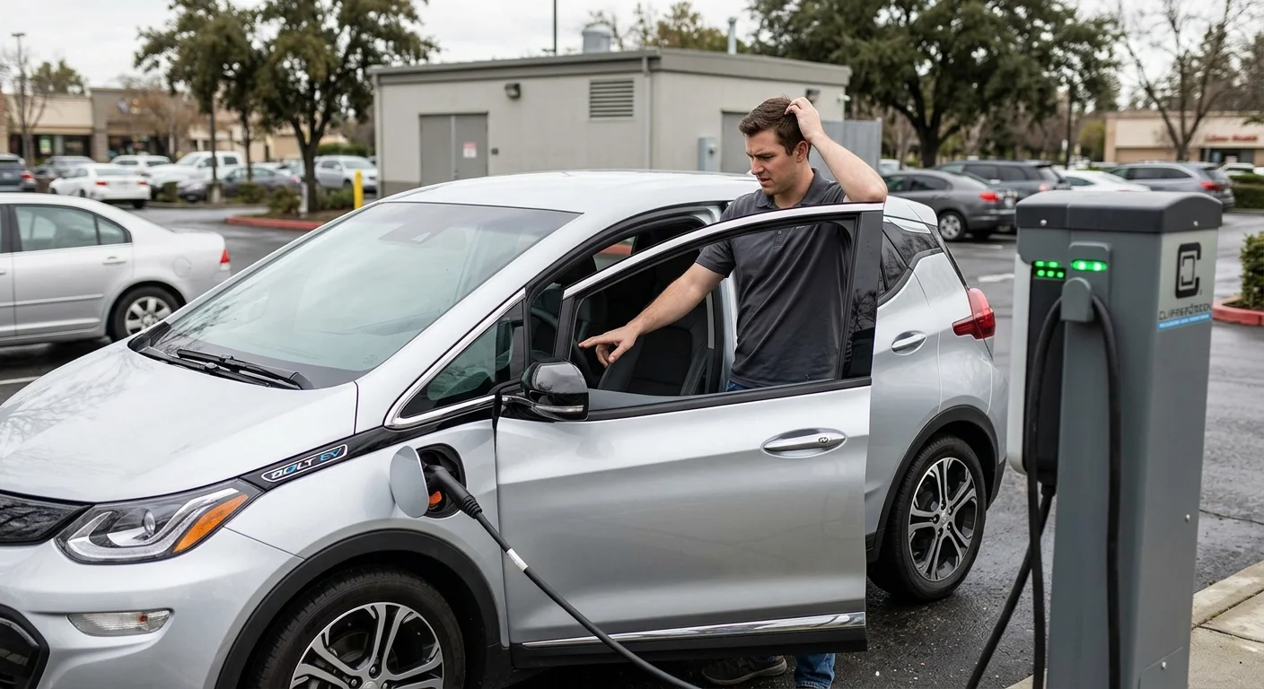 Driver in a compact hatchback EV looking at a dark charging screen with a cable plugged into the port.