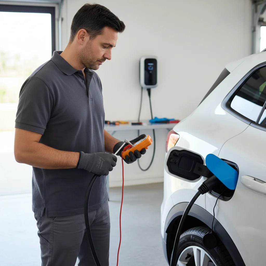 A Chevy Equinox EV plugged into a Level 2 charger at a parking structure with a charge fault indicator on the dashboard.