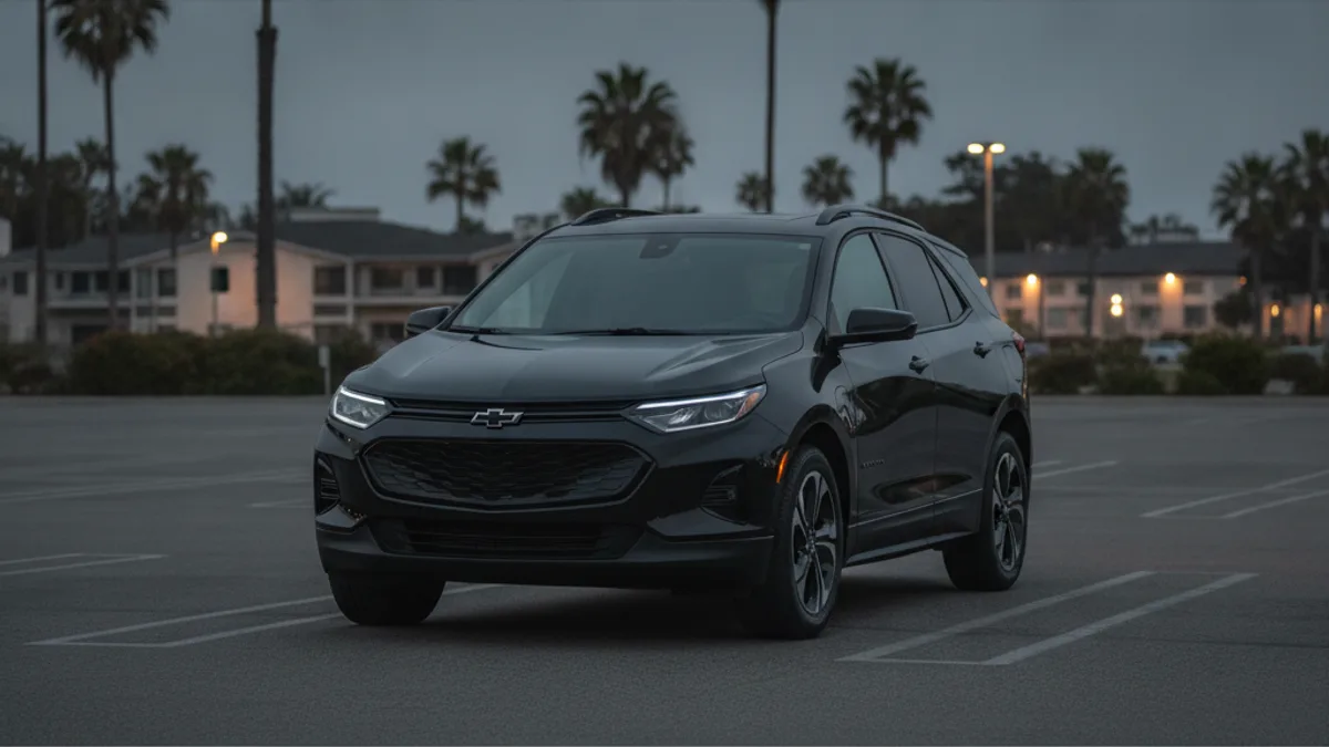 A dark, unresponsive Chevy Equinox EV parked in a driveway at dusk, illustrating a dead 12V battery.
