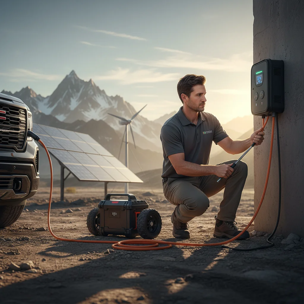A technician plugging a portable charger into a stalled electric pickup on the roadside