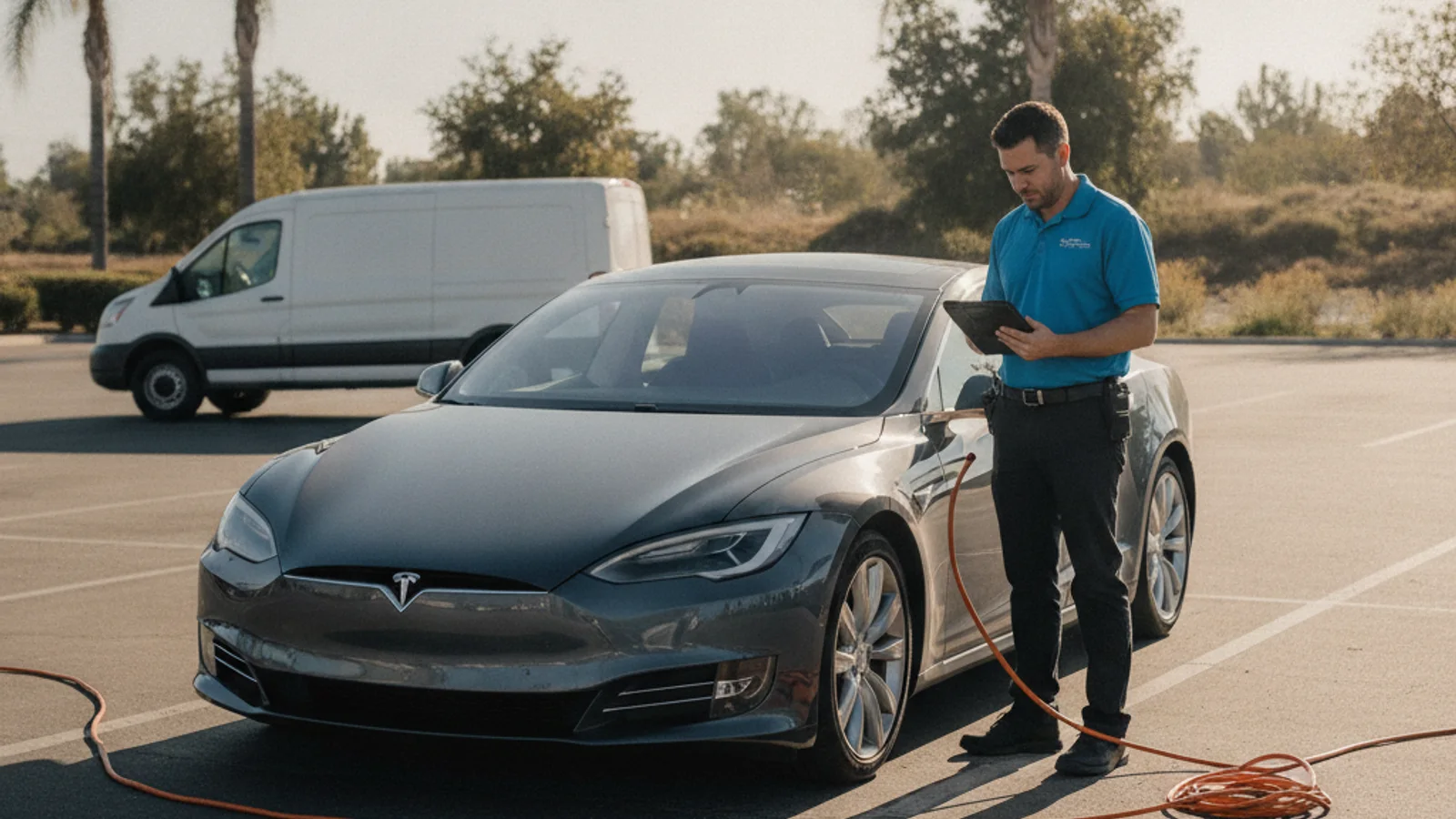 Several parked electric cars with a simple low-voltage battery icon overlay
