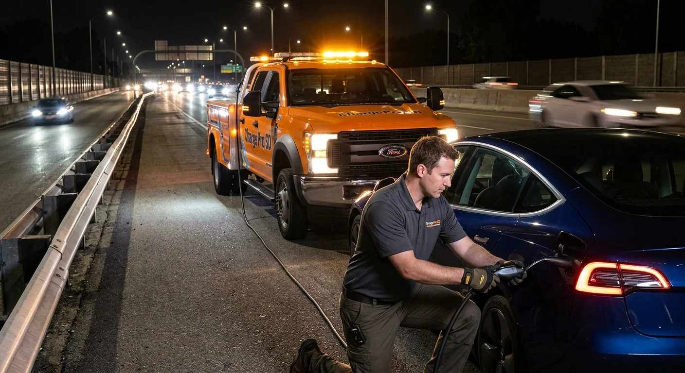 A stopped electric car on a dark highway shoulder at night, with a truck's lights shining on it from behind.