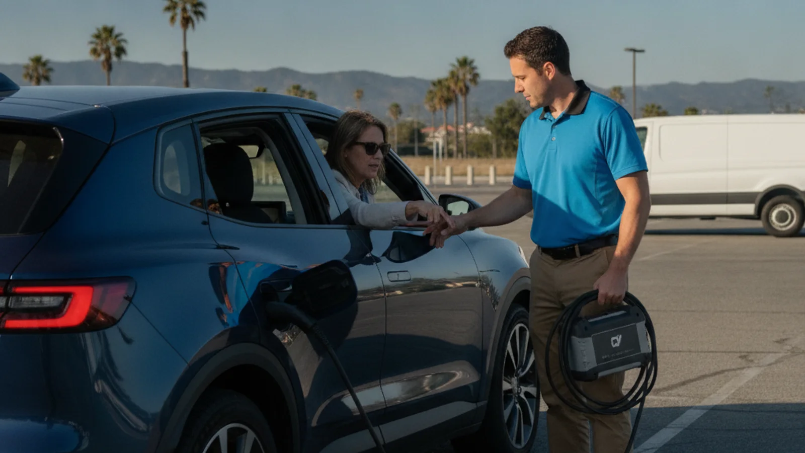 A parked electric vehicle on a roadside with the front compartment open for a battery check