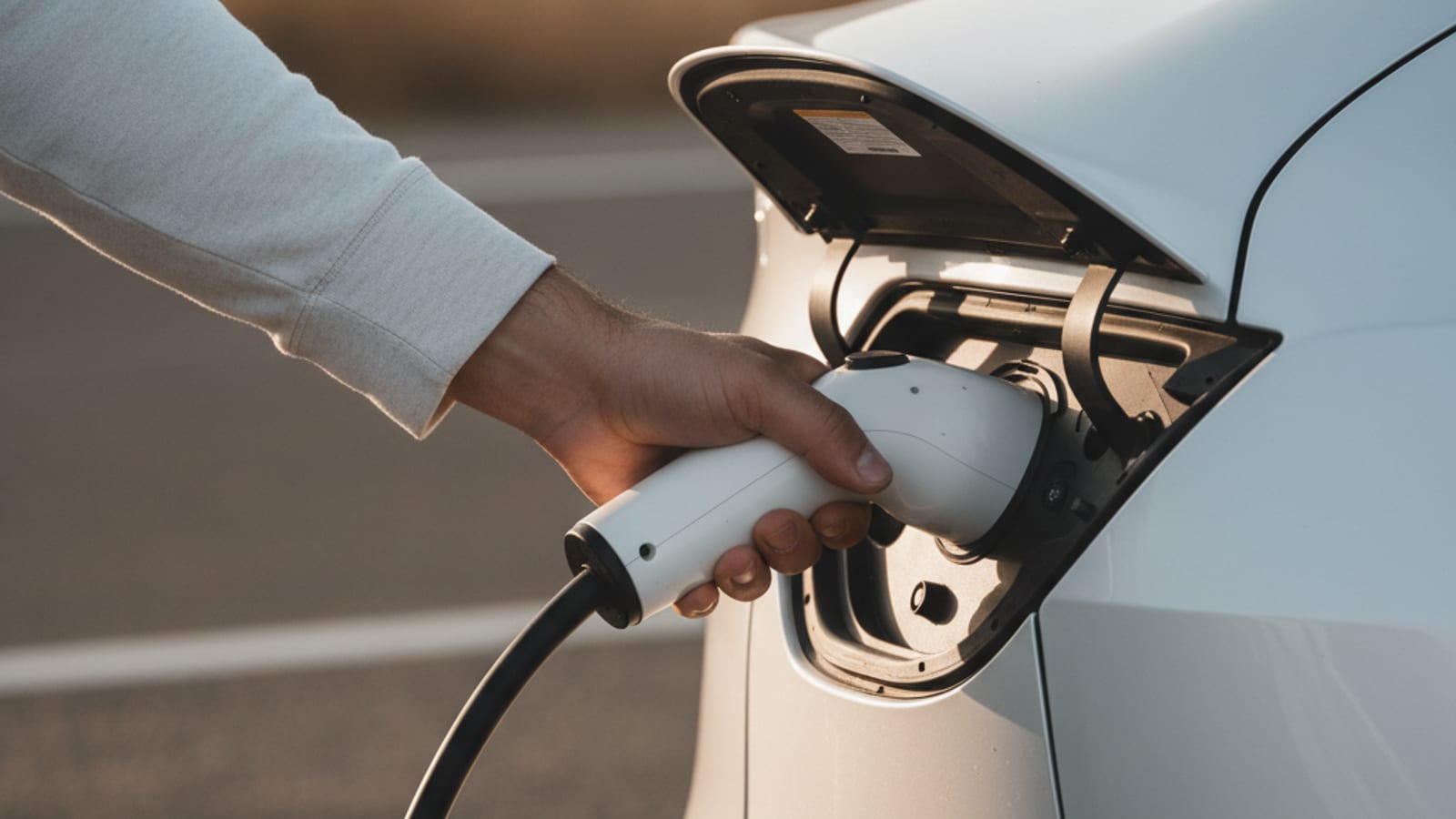 Close-up of a NACS charging connector stuck in a Tesla Model Y charge port with the driver's hand tugging on it and the charge port door open.