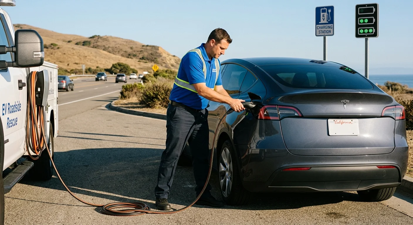 An electric vehicle parked on a paved shoulder beside simple charging-level icons