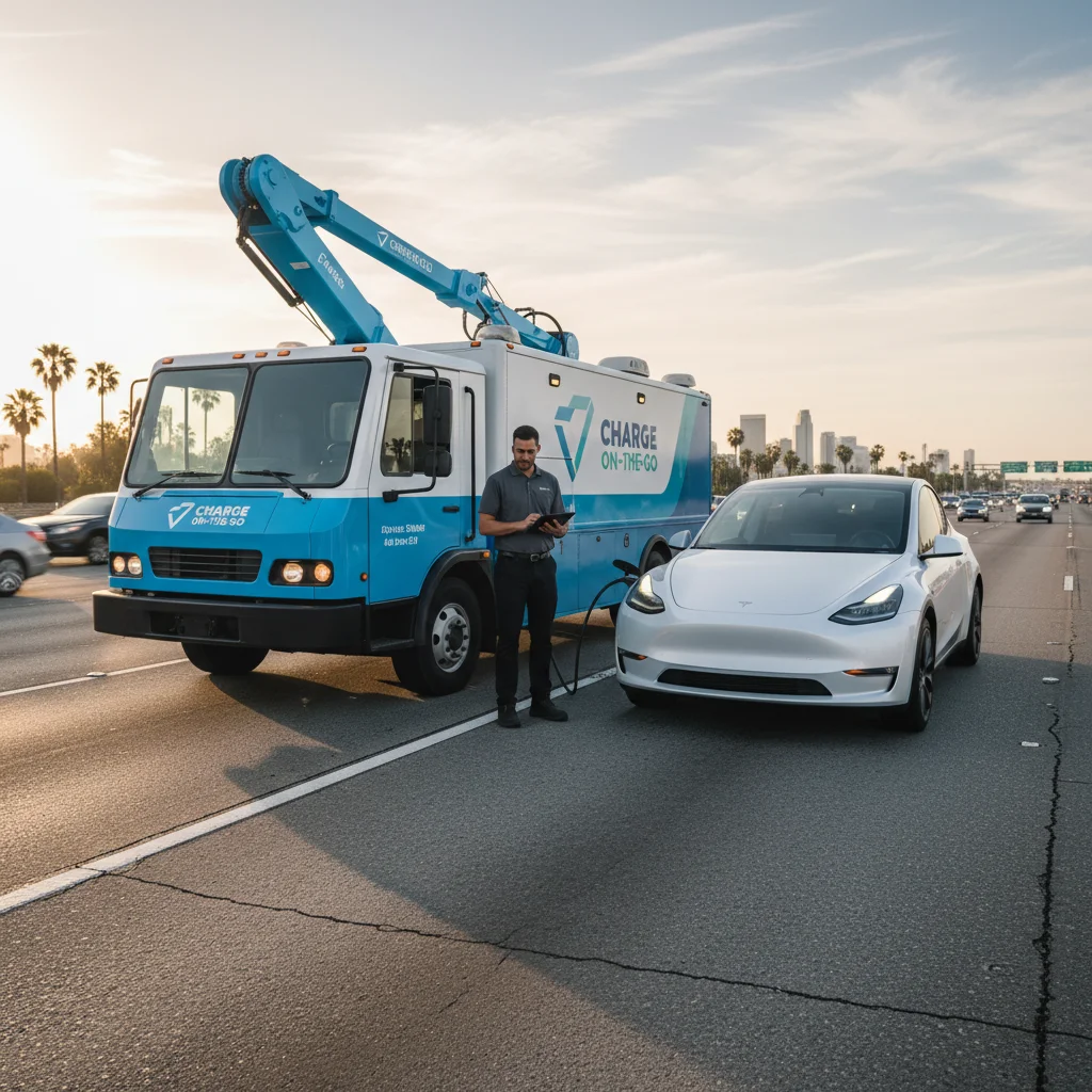A mobile charging truck parked beside a stranded electric car on a roadside shoulder
