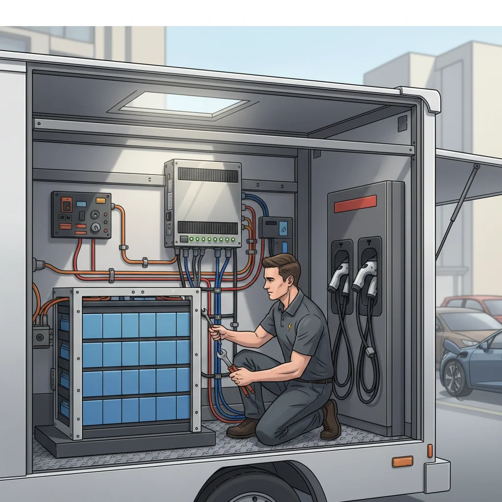 A charging cable from a rescue truck plugged into an electric car port