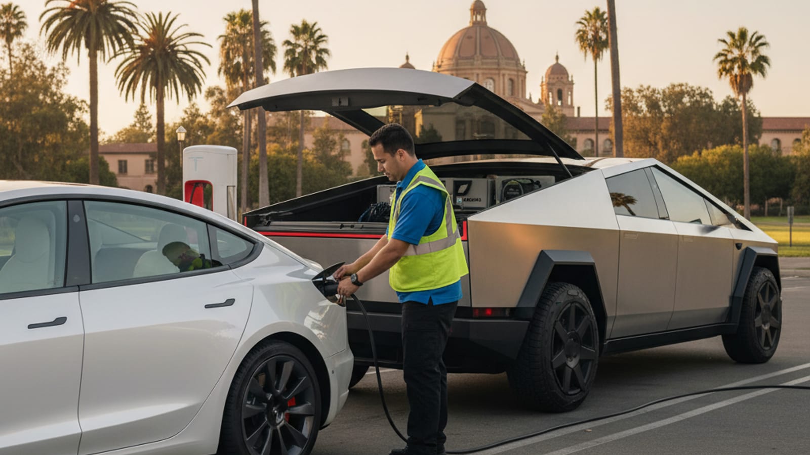 An electric vehicle parked in a paved lot at dusk with hazard lights on