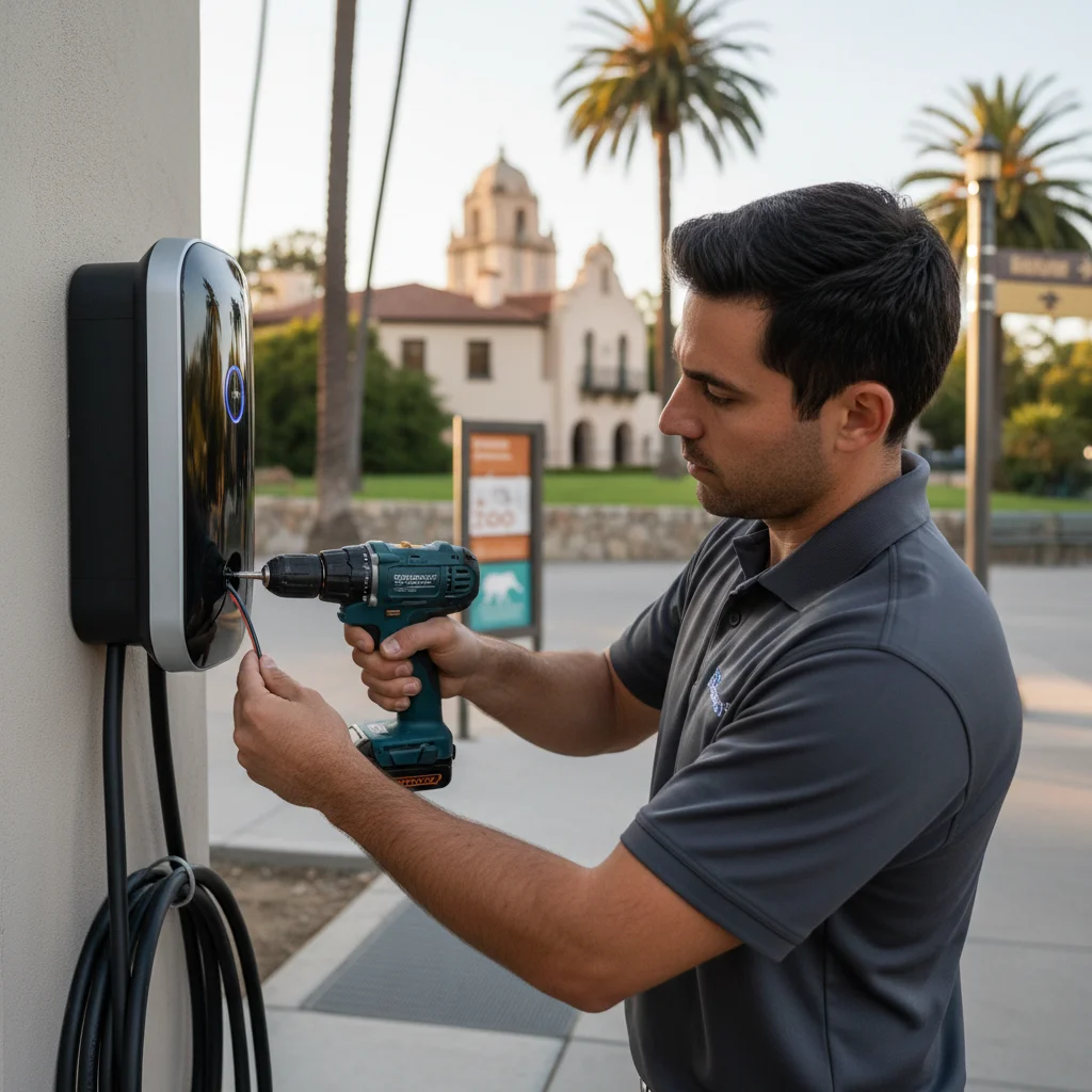 A roadside operator connecting a charging cable to a parked electric vehicle