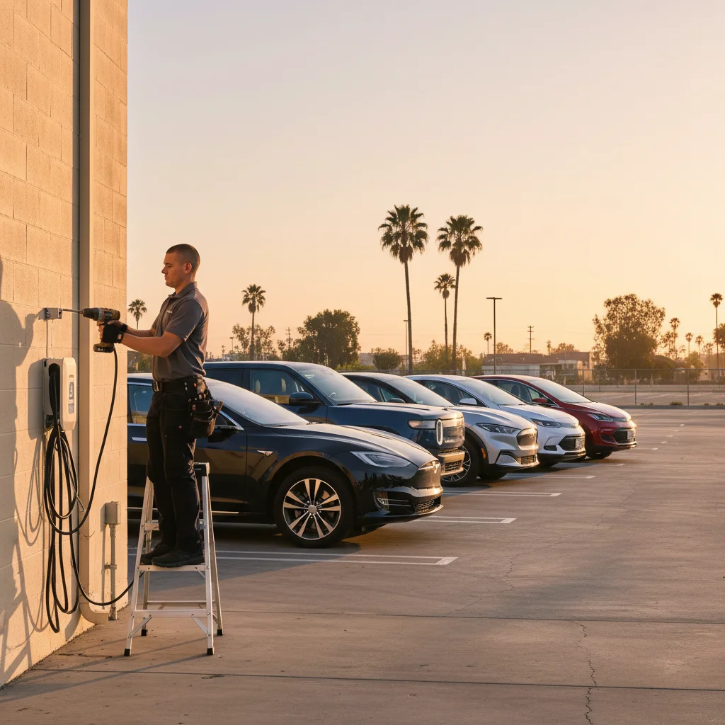 A row of EVs including a Tesla, Rivian, Ford Mach-E, Hyundai Ioniq 5, and Chevy Bolt, parked in a service lot at sunset.