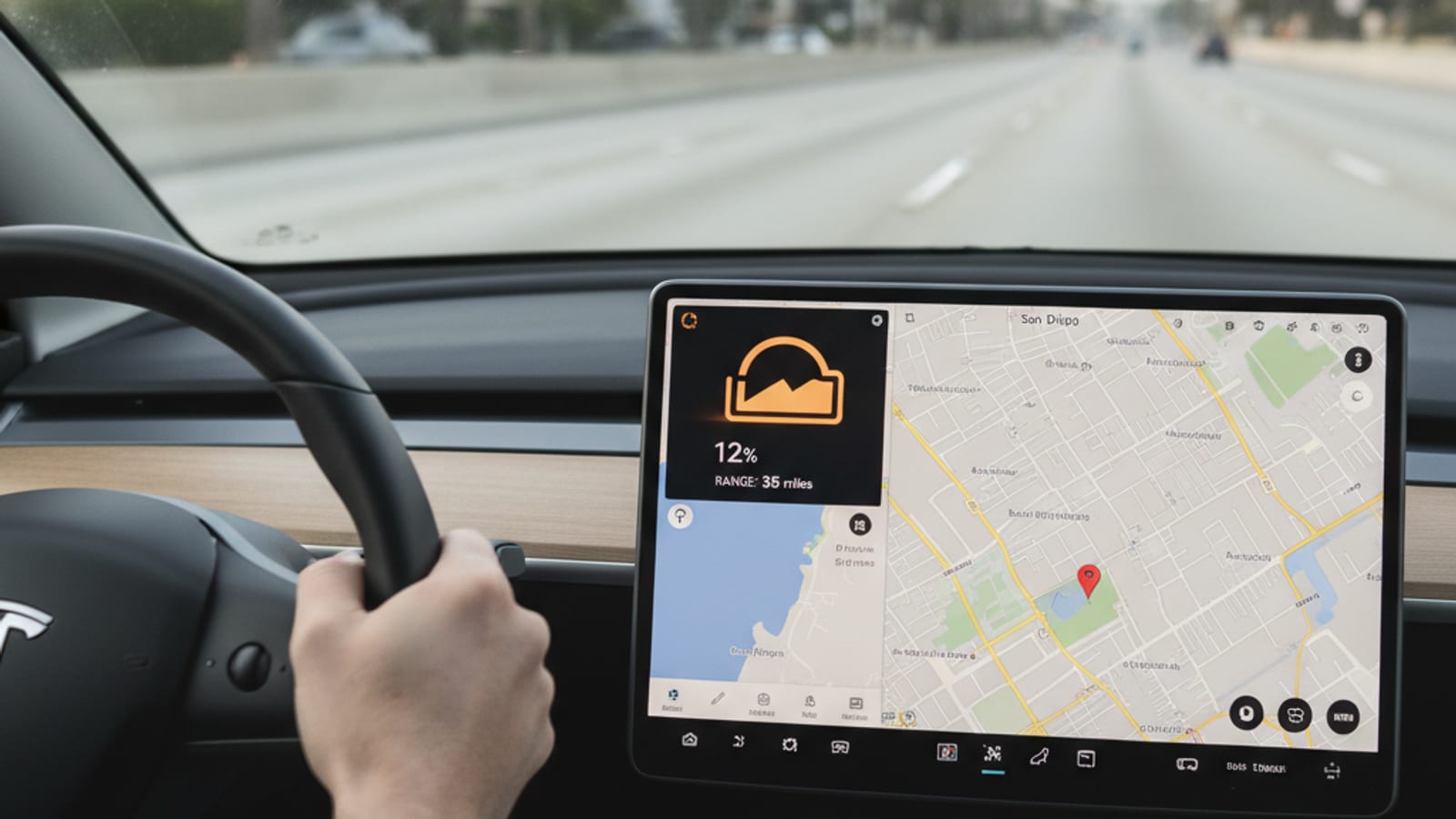 A driver stands next to a Tesla Model 3 with a dark dashboard in a South Florida parking lot.