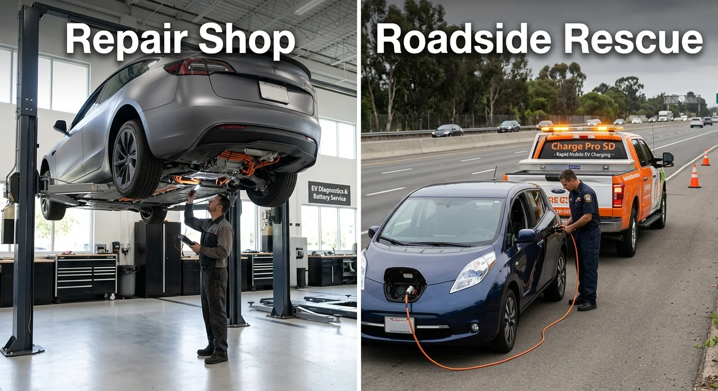 Split view of an EV on a shop lift and a technician helping a stalled electric car at the curb