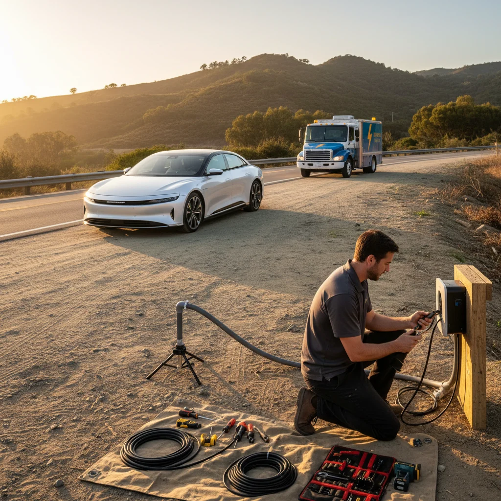 Electric car stopped on a paved shoulder with a driver waiting by the door