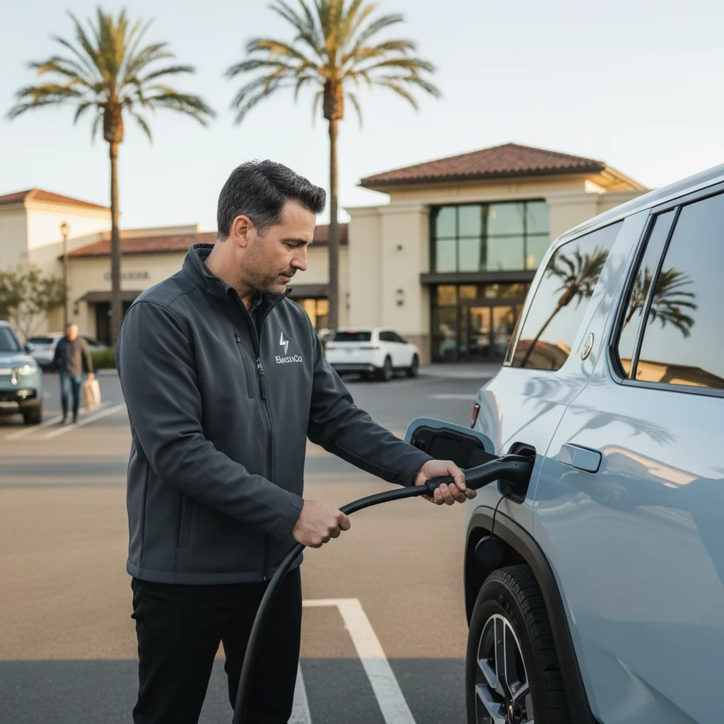 Technician connecting a portable charger cable to an electric SUV in a parking lot
