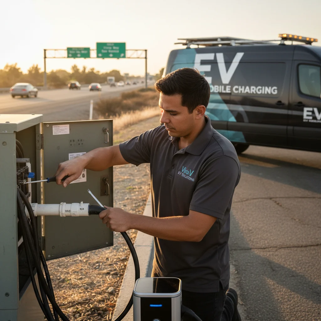 Technician plugging a charging cable into an EV in a parking lot