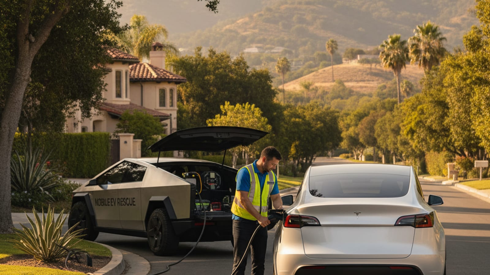 A dark sedan parked on a paved shoulder with someone waiting by the driver door