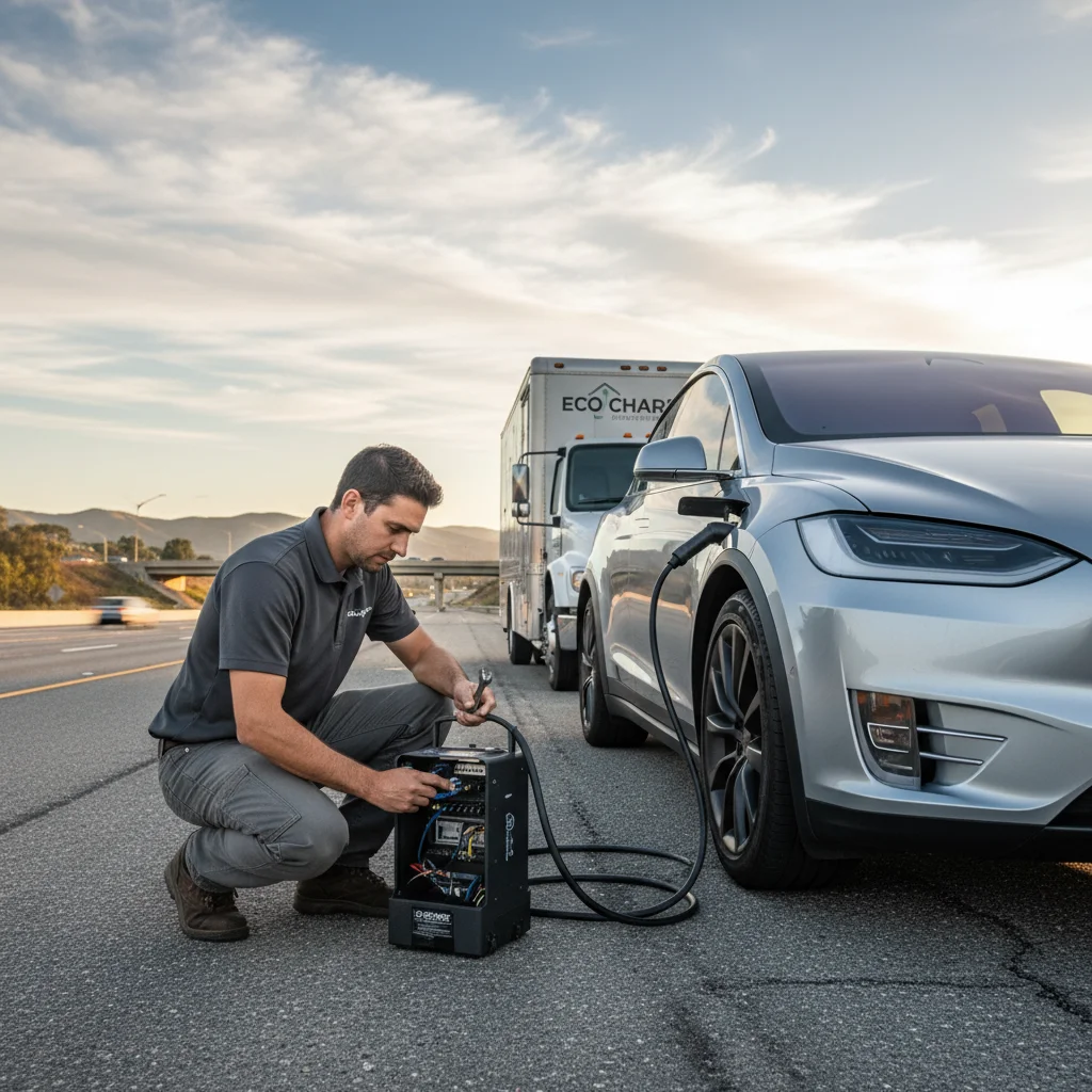 An electric SUV waiting on a paved highway shoulder while a driver stands nearby