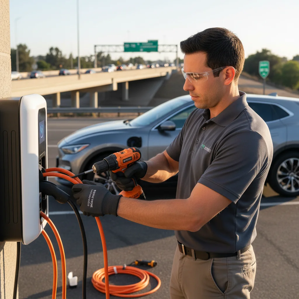 A technician connecting a portable charger cable to an electric car at the roadside