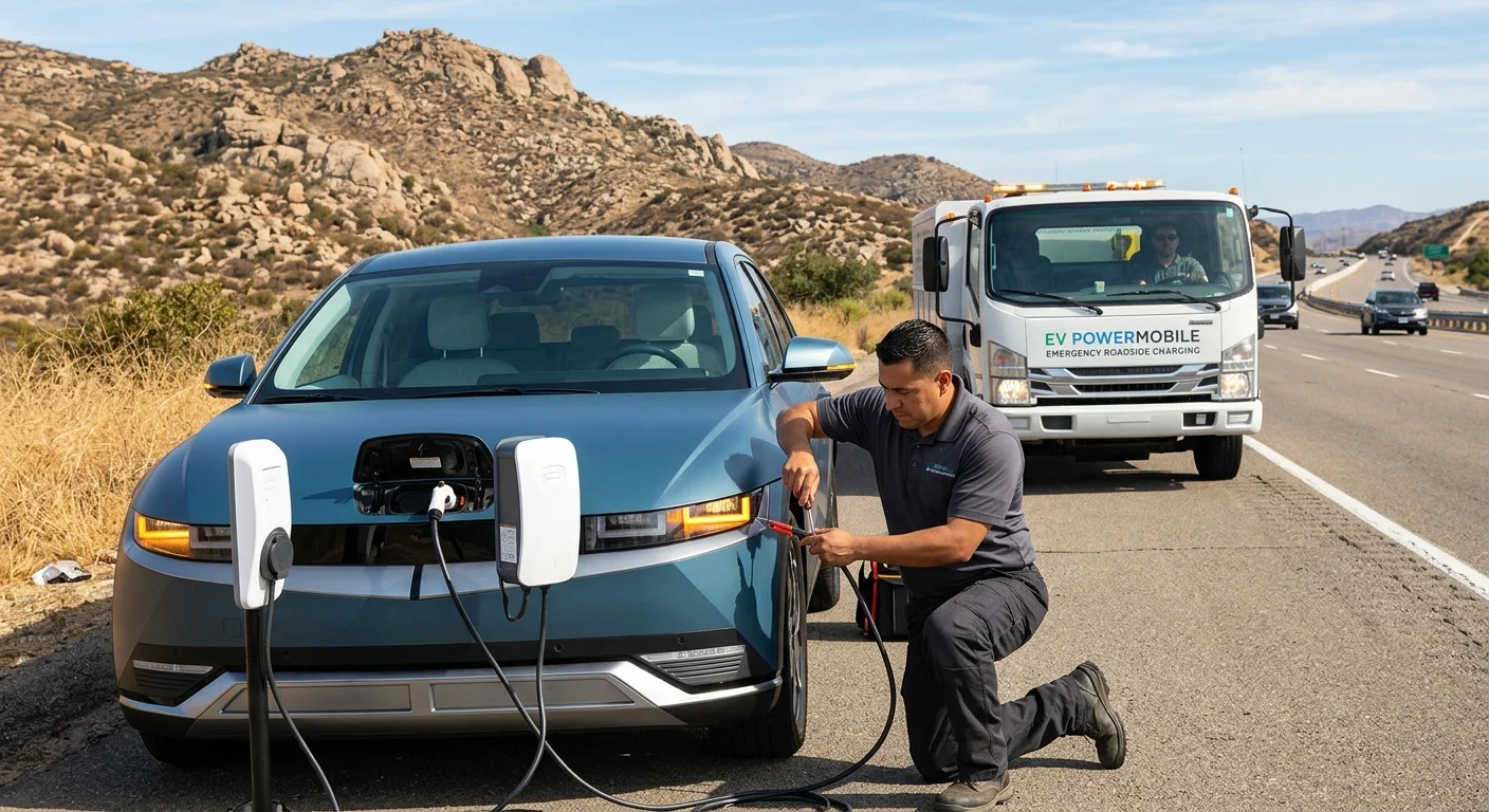 Electric car on a highway shoulder as a mobile charging truck approaches
