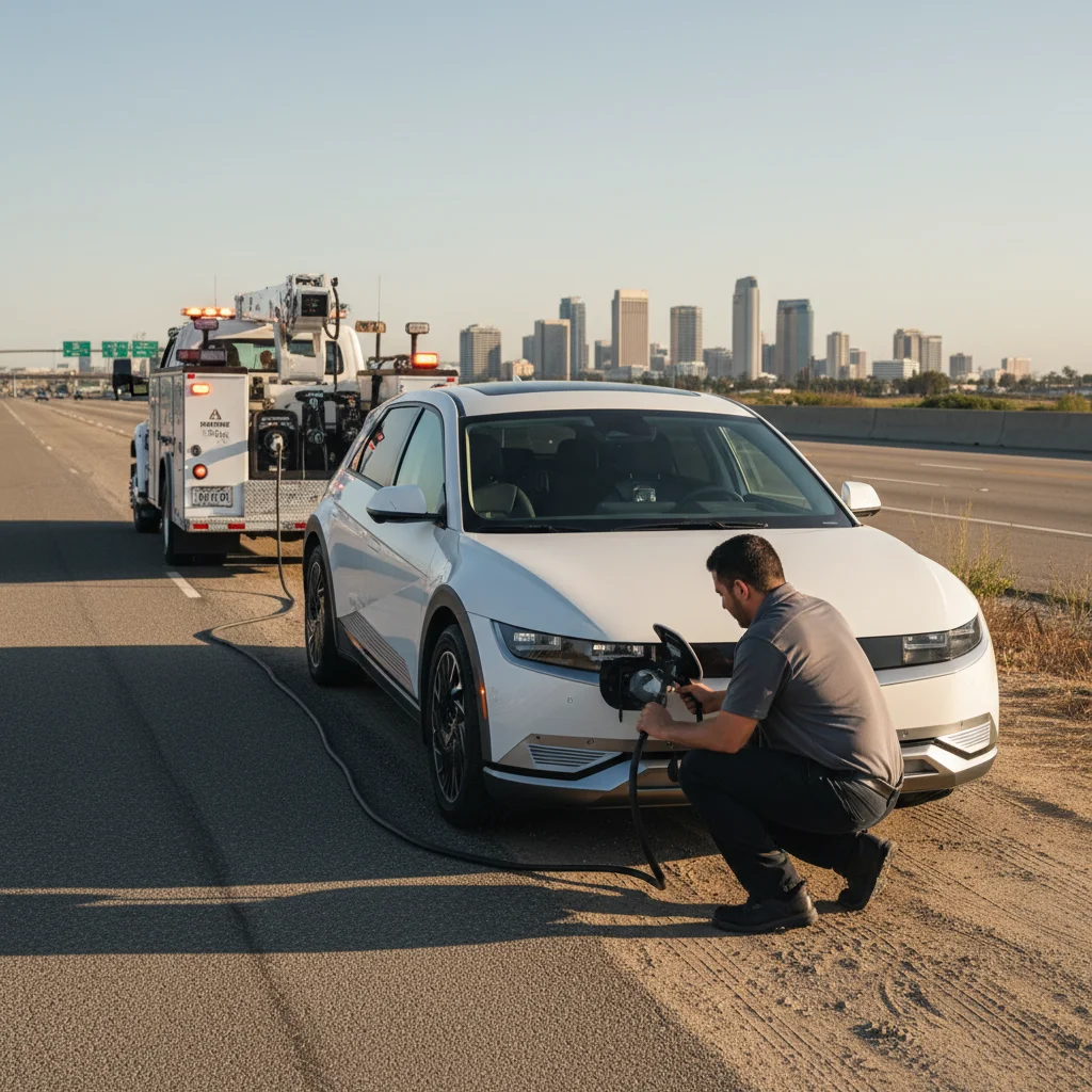 An electric car stopped on a highway shoulder with hazard lights on as a driver waits