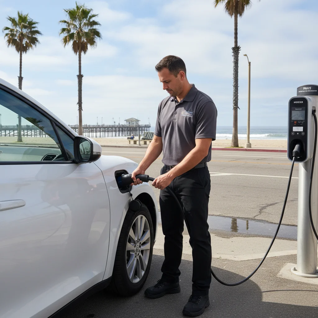 A technician connecting a portable charging cable to an electric car in a parking lot