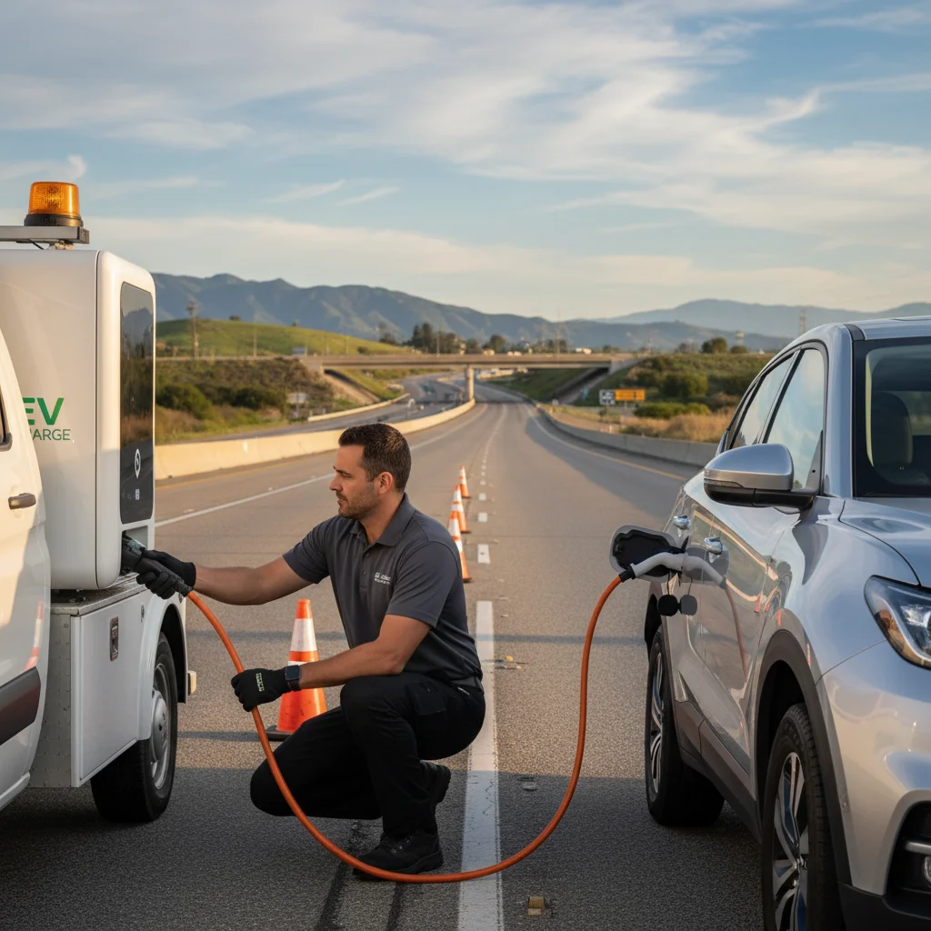An electric pickup stopped on a paved shoulder with a rescue van parked behind it