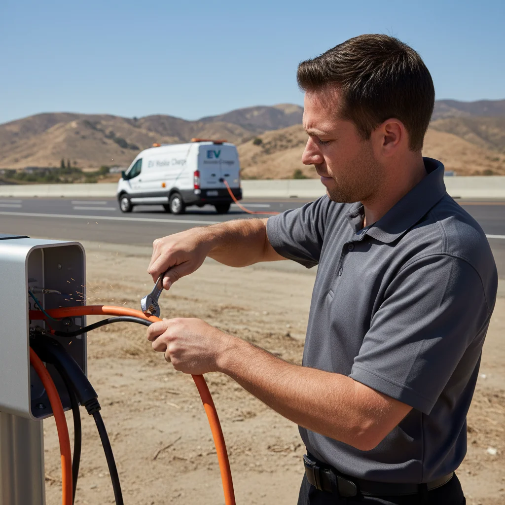 A technician plugging a charging cable into an electric SUV in a paved lot