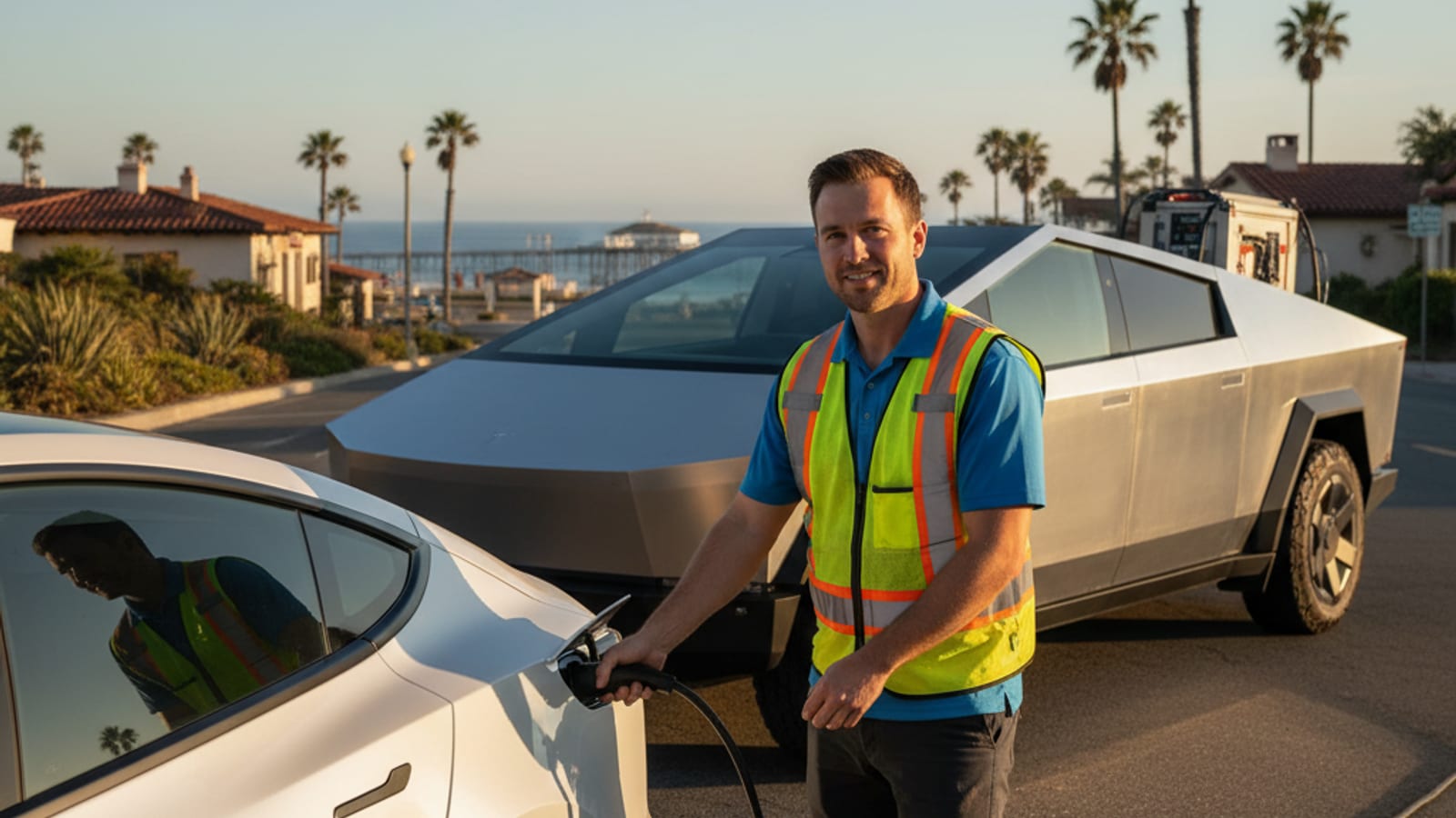 Electric car stopped on a paved shoulder with hazard lights on at dusk