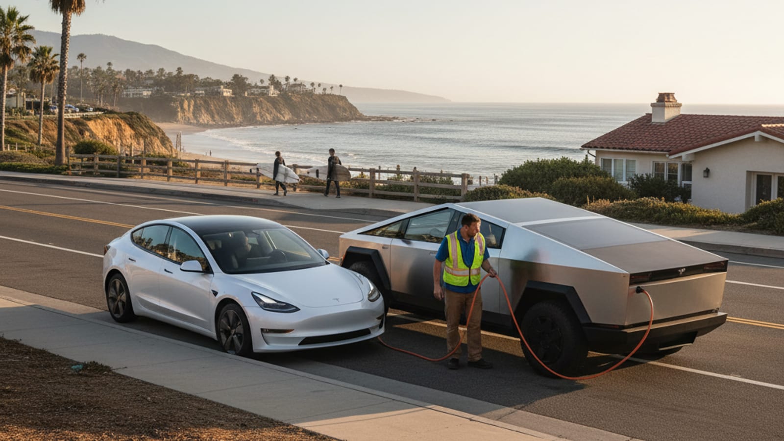 An electric car on a paved shoulder with a charging cable at the front bumper