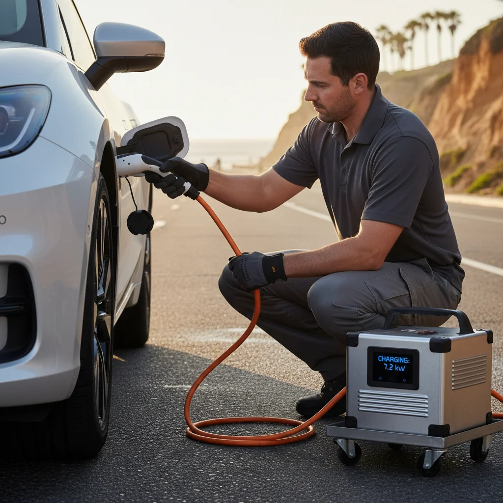 A portable charging unit connected to a parked EV on pavement