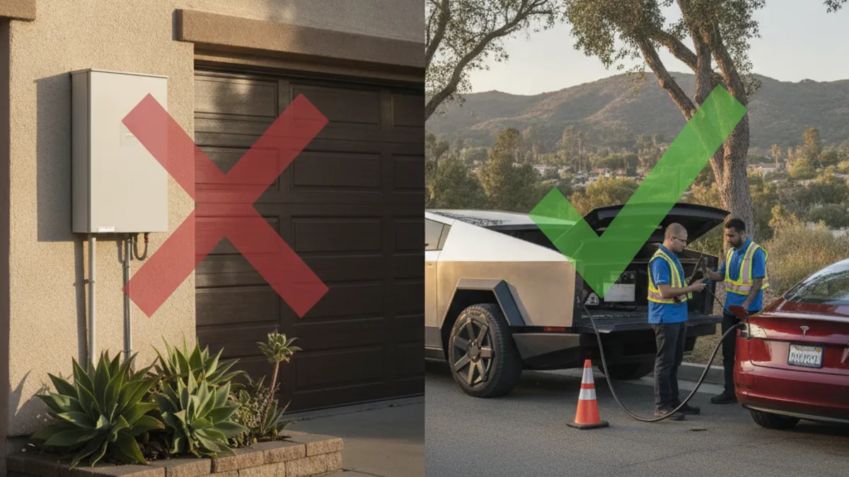 Split image of a wall-mounted home battery marked with a red X, and a mobile charging truck helping a stranded EV marked with a green check