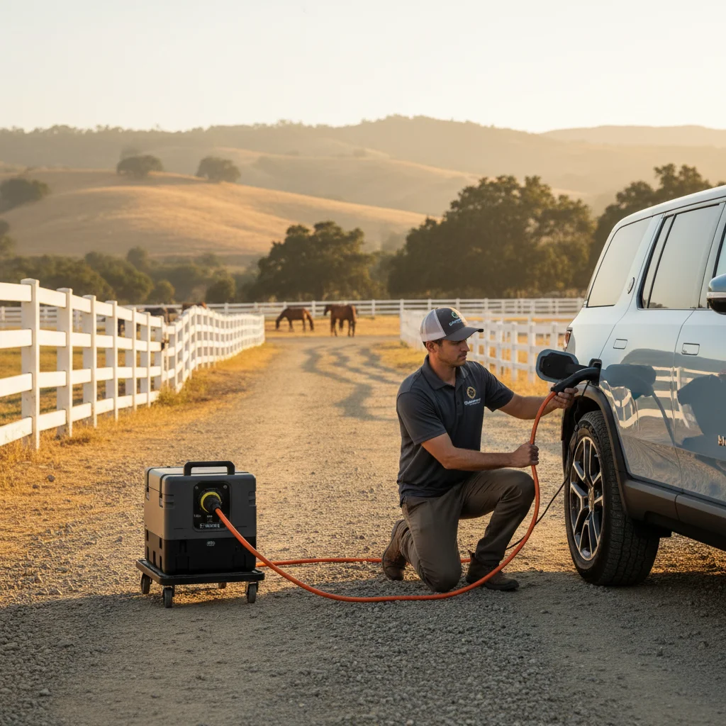 Technician plugging a portable charger cable into an electric SUV on a paved driveway