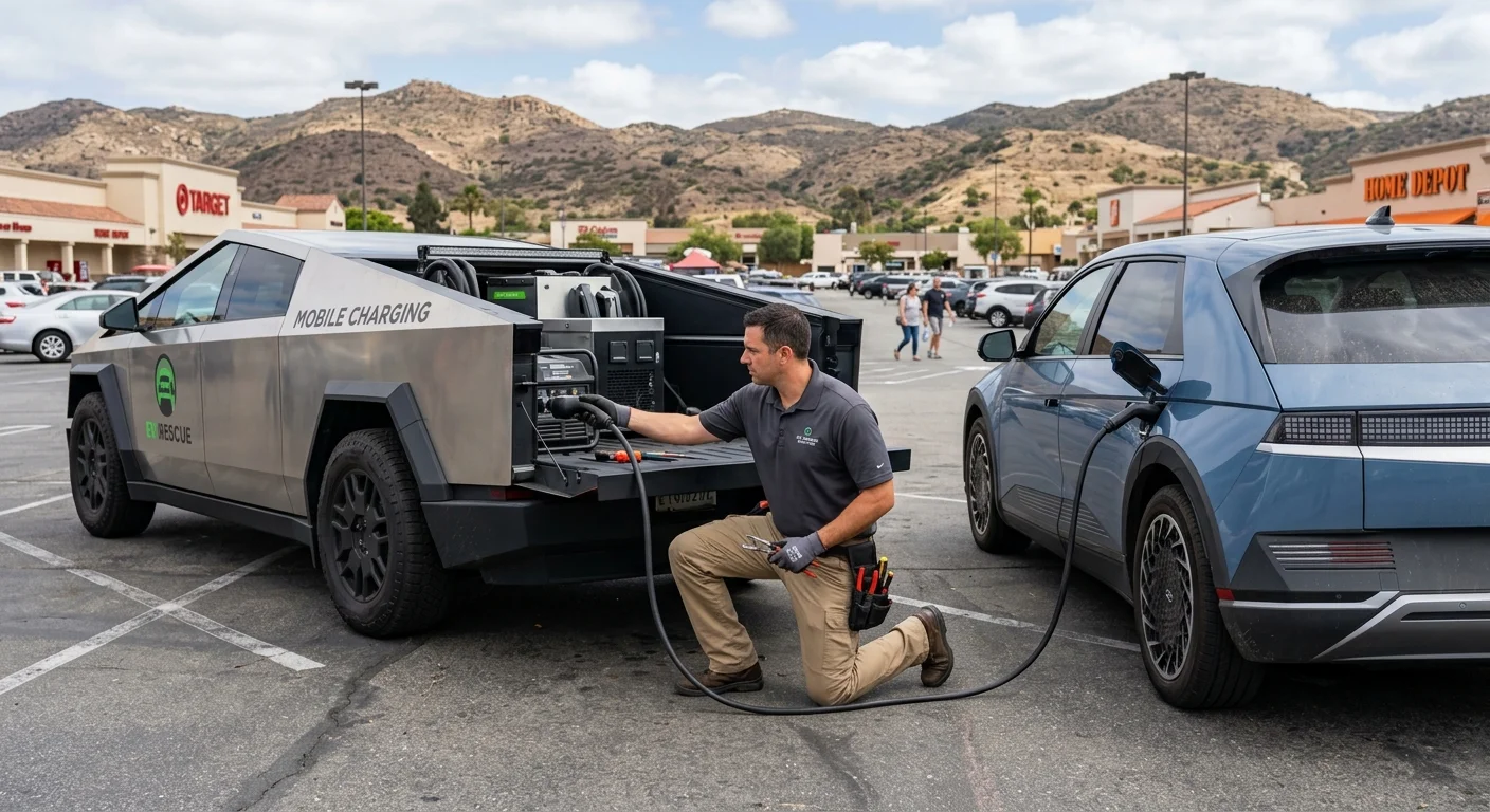 A mobile charging rig parked beside a stranded electric SUV in a shopping-center lot during the day.