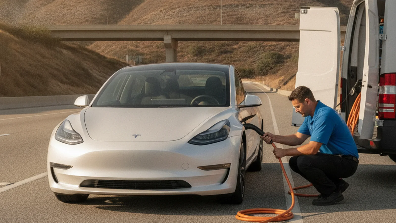 A stopped electric vehicle on a paved roadside shoulder with hazard lights on