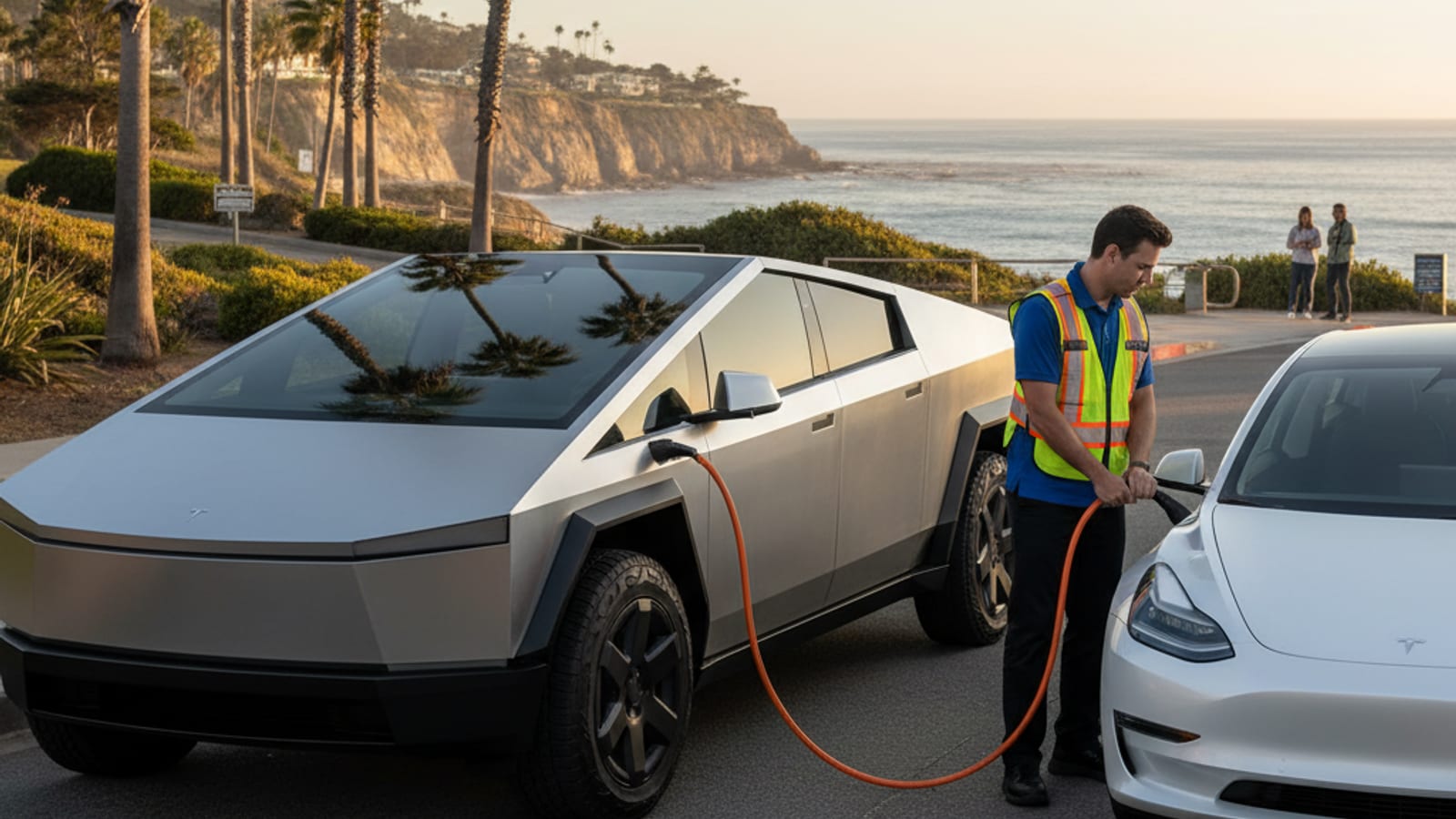 An EV on a paved shoulder with a charging cable seated in the open charge port