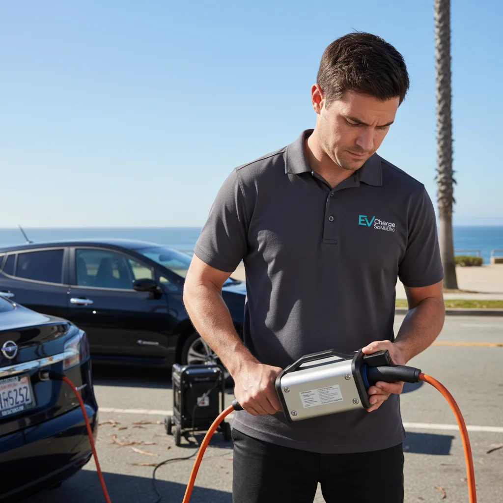 A person standing beside an EV with the charge port open next to a rescue van