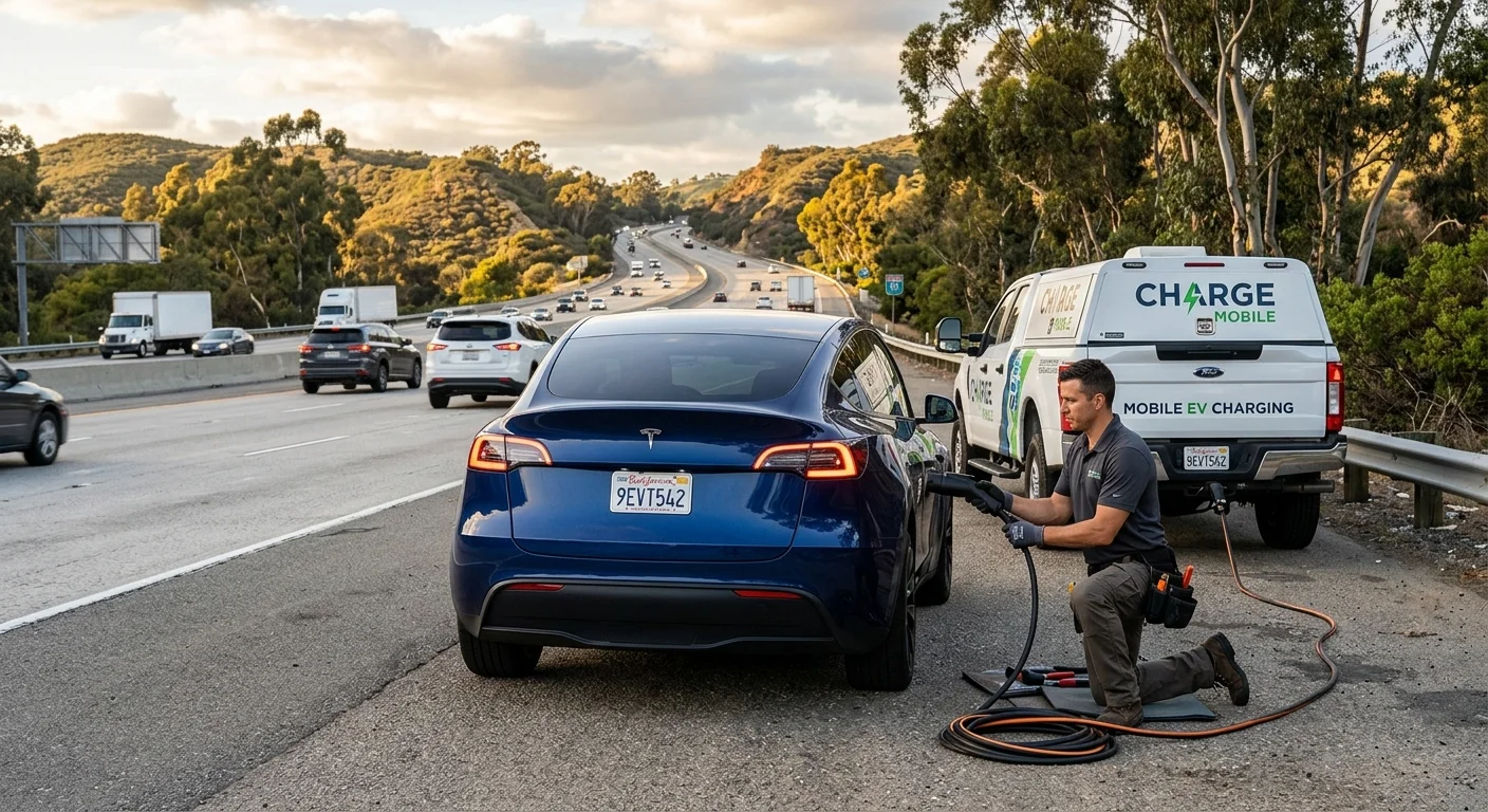 An electric car stopped on a paved shoulder while a driver stands beside the closed door