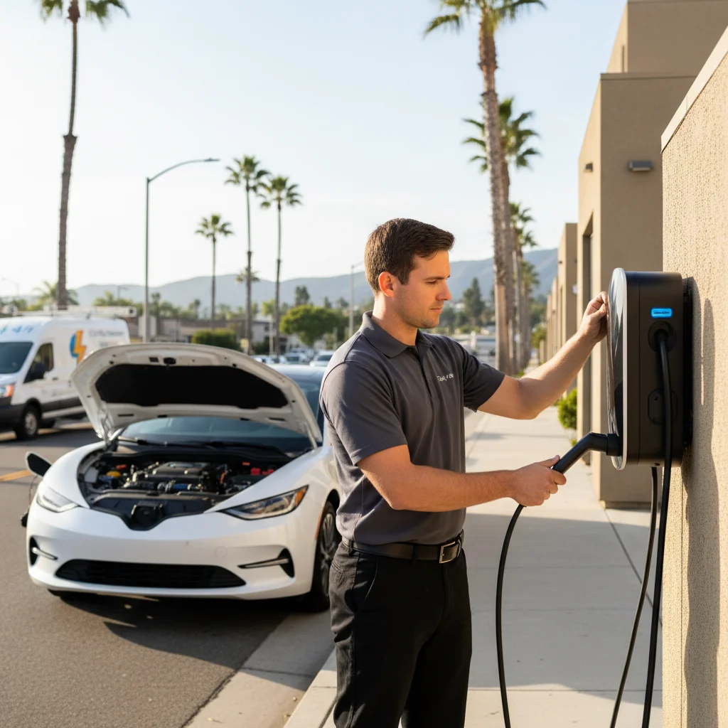 An electric car parked on a paved shoulder with a person standing beside it