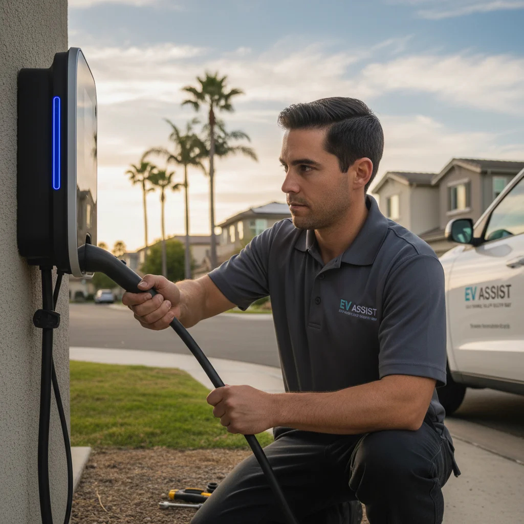 A charging cable being plugged into an electric car in a garage stall
